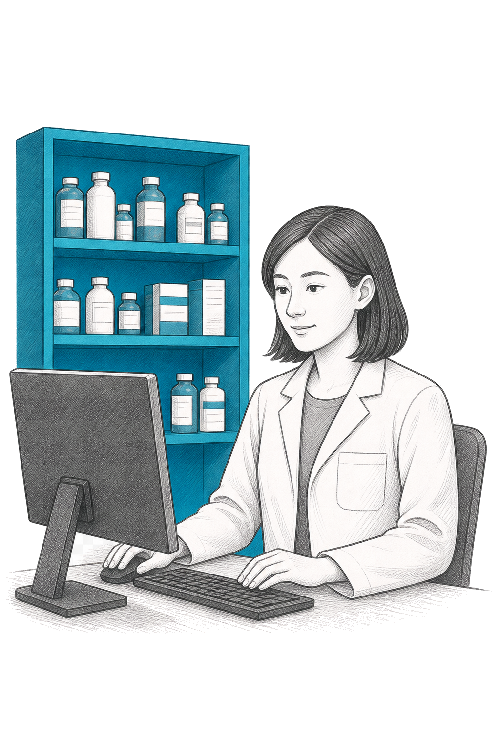 Pharmacist reviewing records at her computer